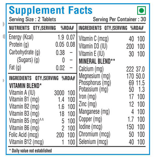 Supplement facts label showing vitamins, minerals, and nutrients per serving for gym and fitness supplements.