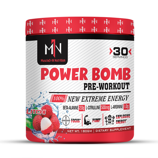 Power Bomb Pre-Workout supplement with litchi flavor, 30 servings, for focus, pump, and explosive energy
