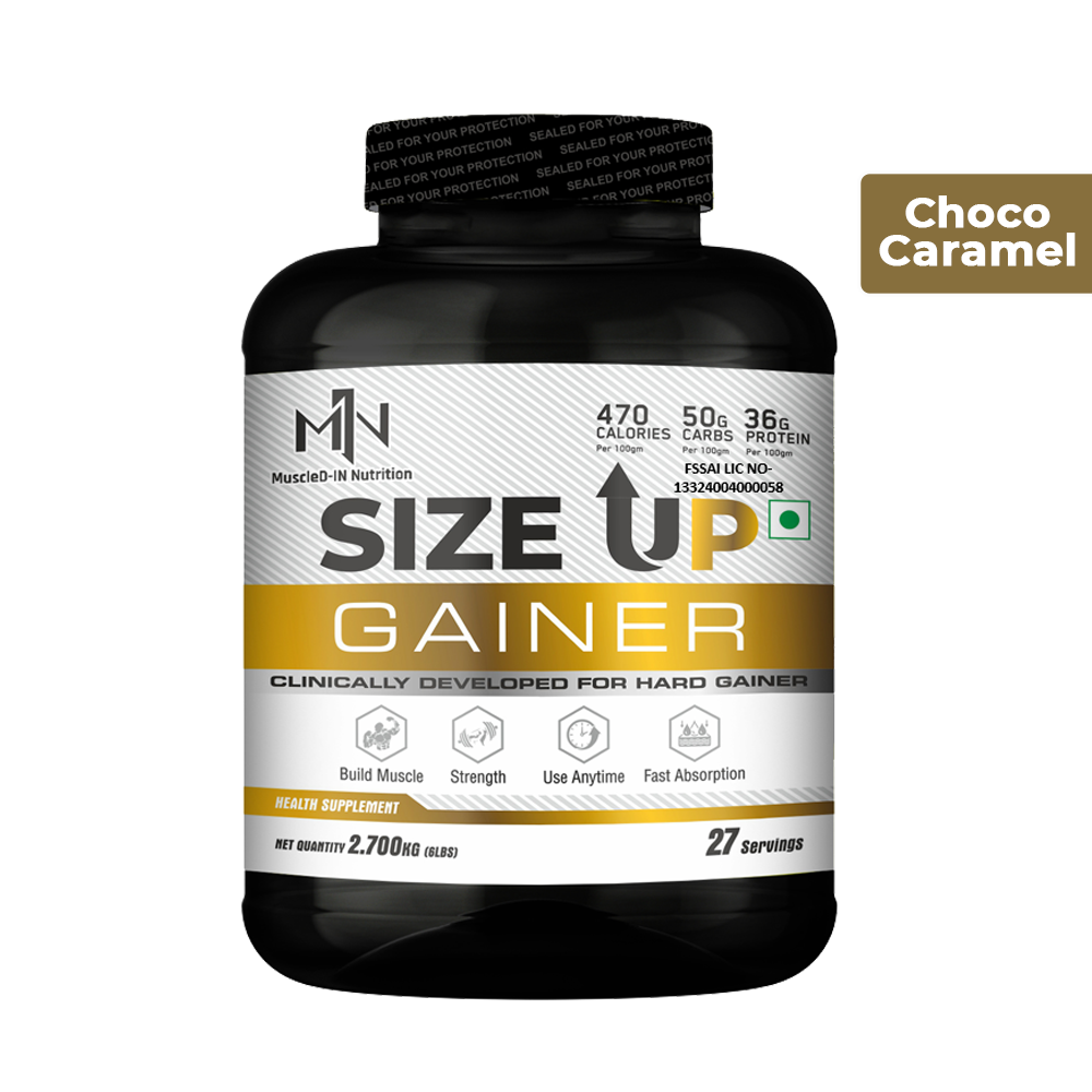 Choco Caramel Size Up Gainer mass gainer supplement for muscle building and strength, 2.7kg