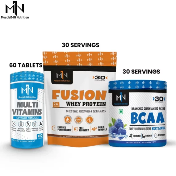 MuscleD-IN Nutrition Fusion Whey + BCAA + Multivitamin Combo | Muscle Building + Recovery + Immunity | 30 Servings + 60 Tablets