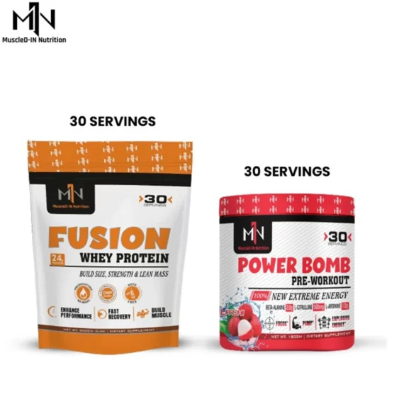 Fusion Whey Protein + Power Bomb Pre-Workout Combo | MuscleD-IN Nutrition | 30 Servings Each